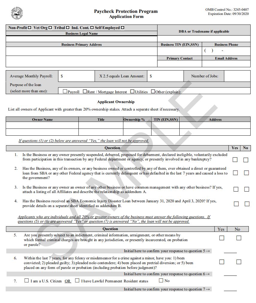 SBA Paycheck Protection Application